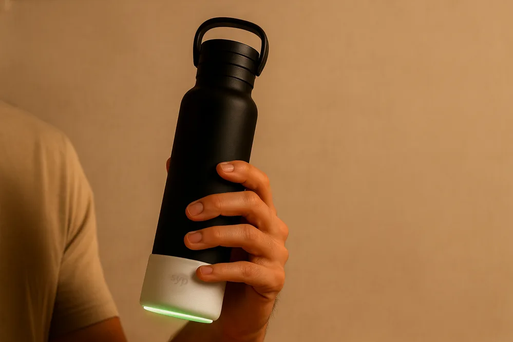 an athlete holding a bottle with a syp sleeve