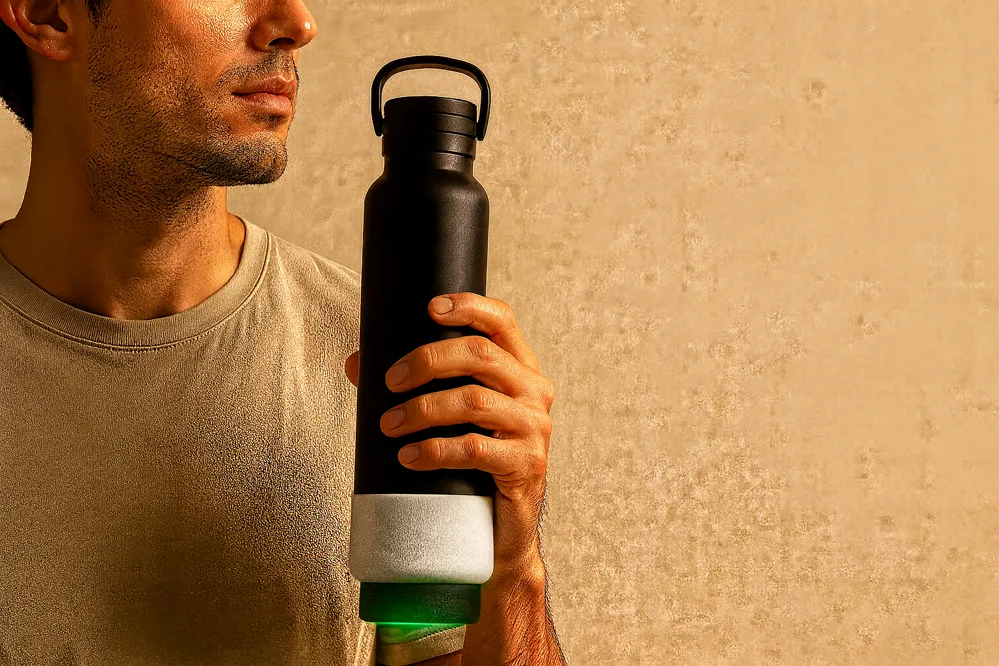 an athlete outdoors holding a bottle with a syp sleeve
