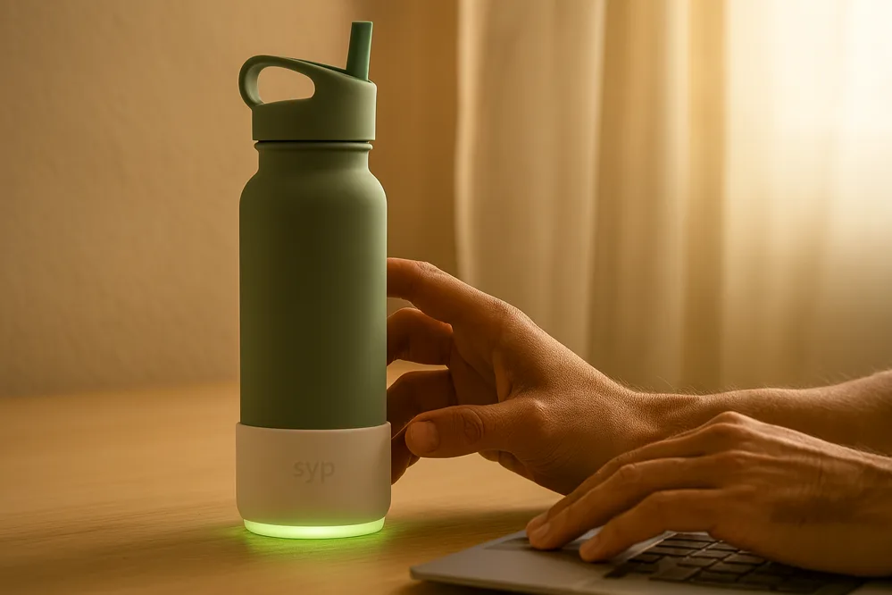 a bottle with a lit syp sleeve on a desk in the evening