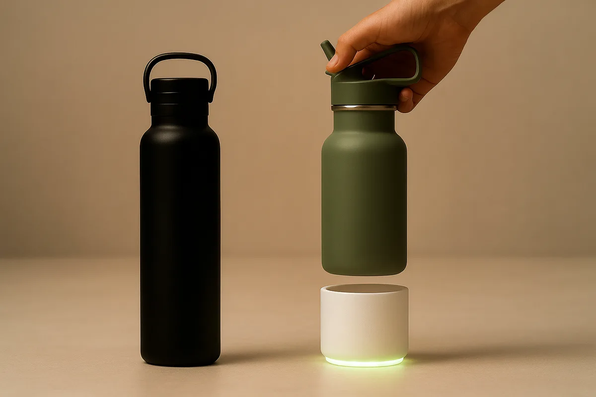 a hand lowering a bottle into the syp sleeve
