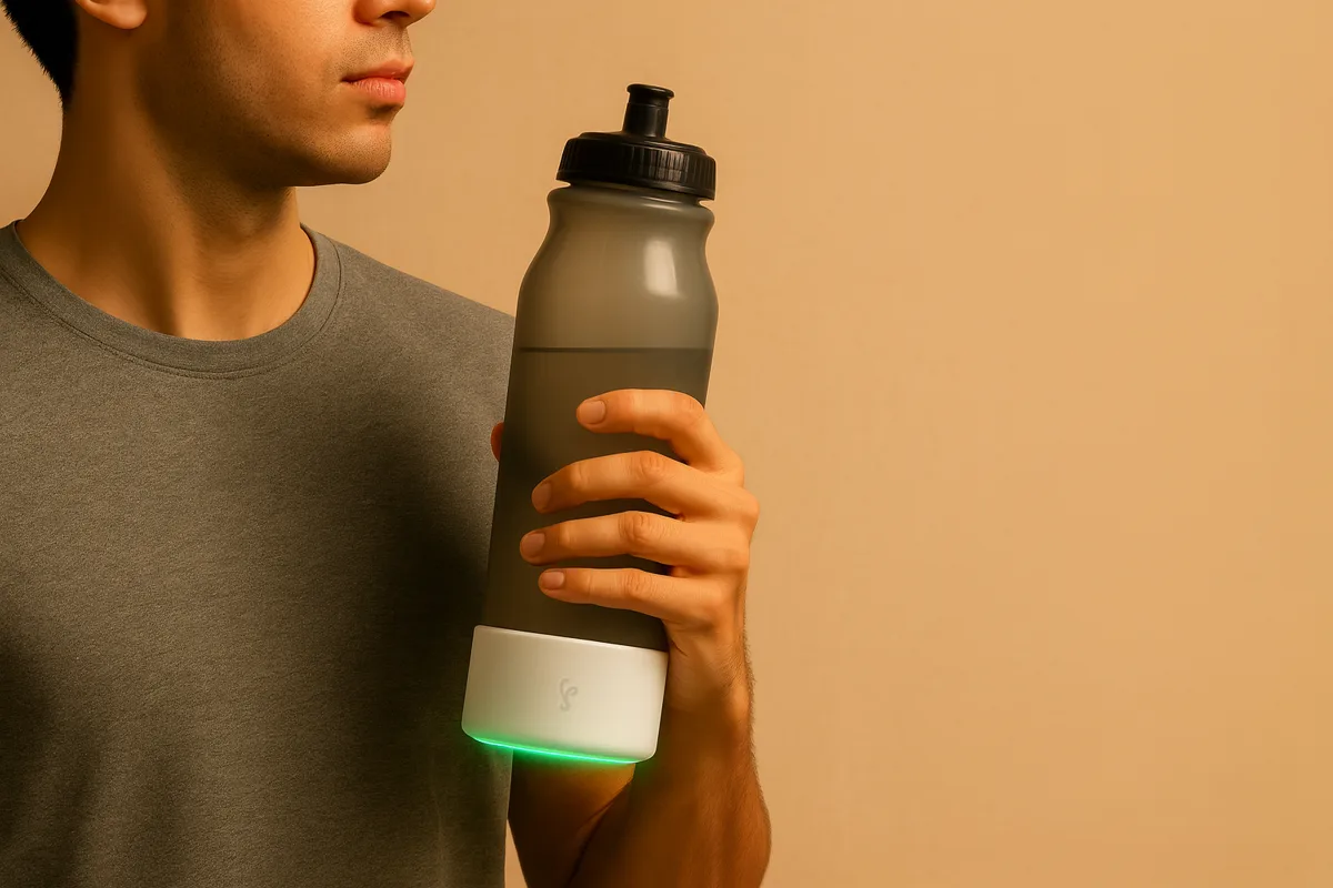 an athlete holding a squeeze bottle with a syp sleeve on its base