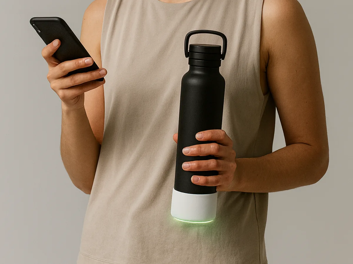 checking intake on a phone, next to a bottle whose syp sleeve is lit